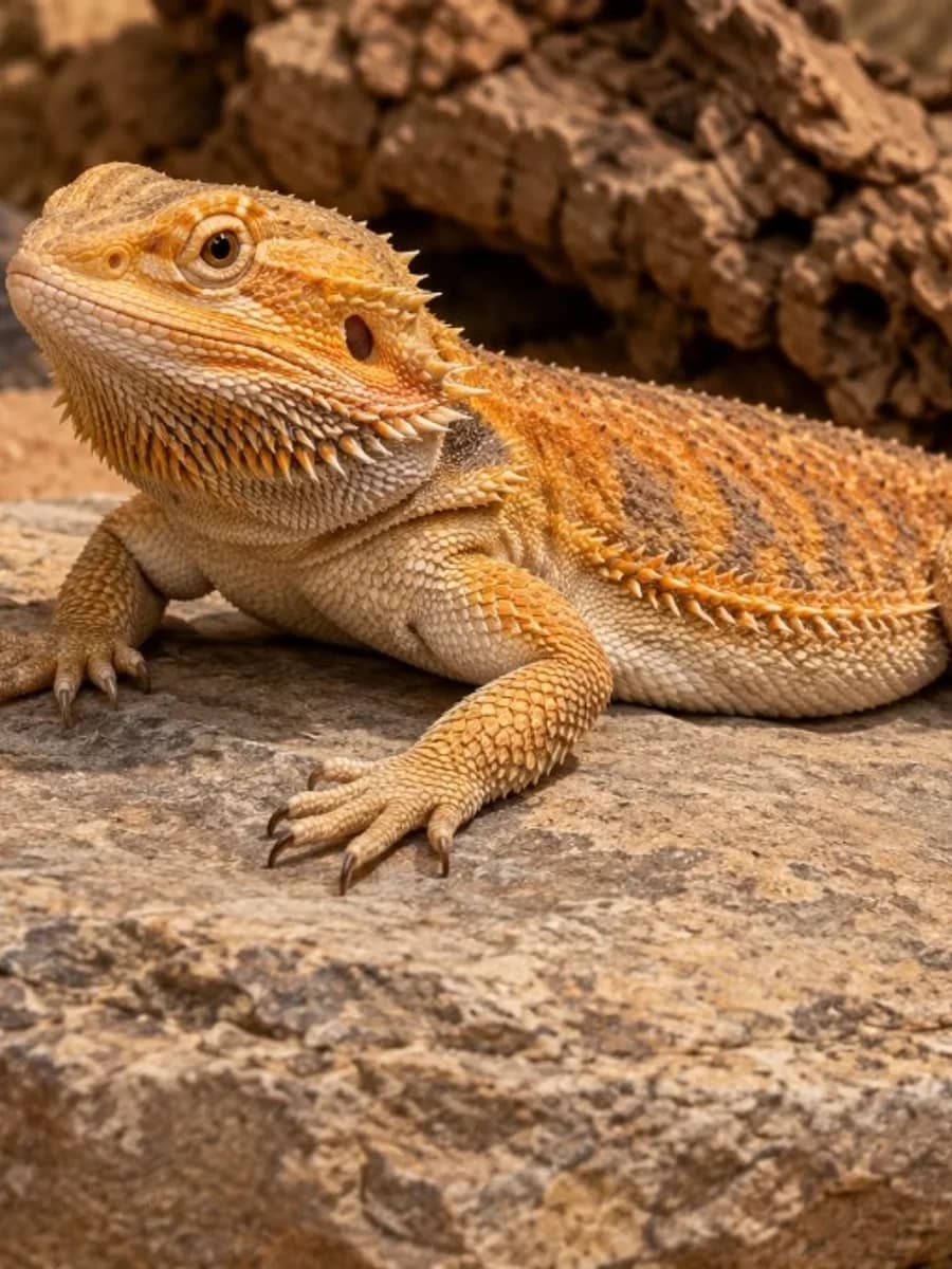 A bearded dragon resting on a rock in a desert terrarium