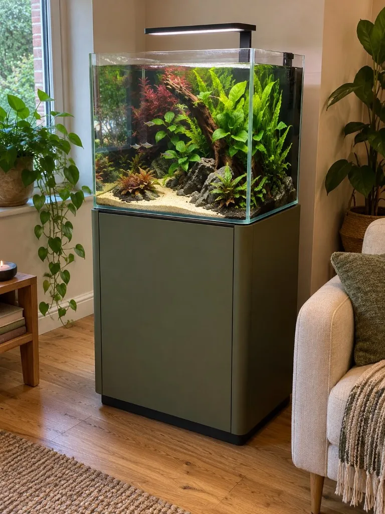 A lush planted freshwater aquarium