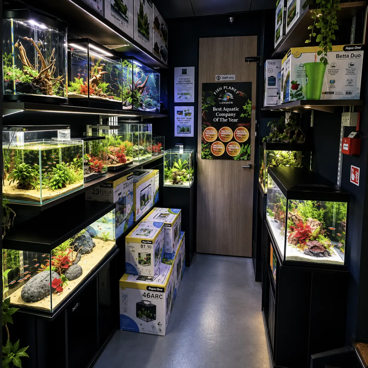 Display tanks and boxed aquariums along the aisle in the Fish Planet London store in Finsbury Park