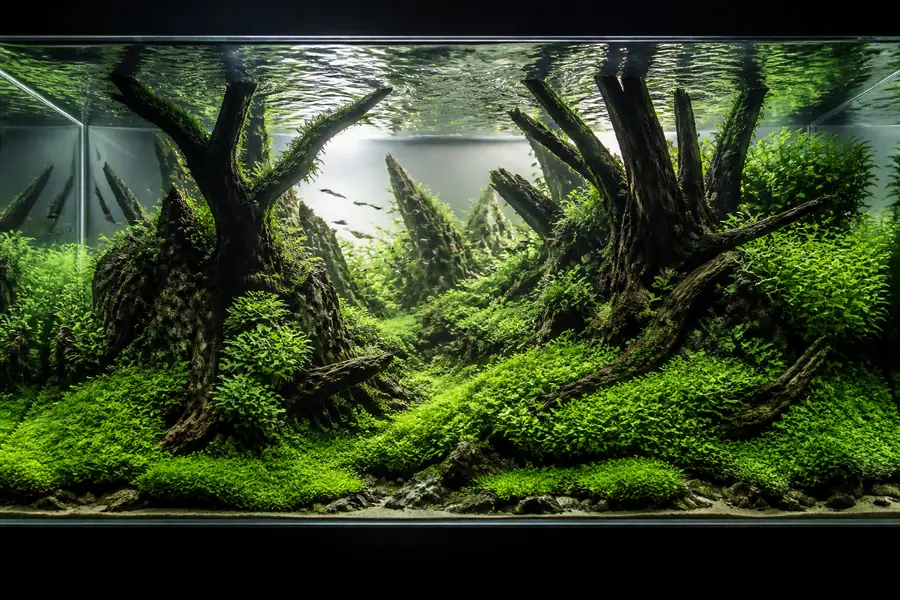 A mature planted aquascape with dense greenery