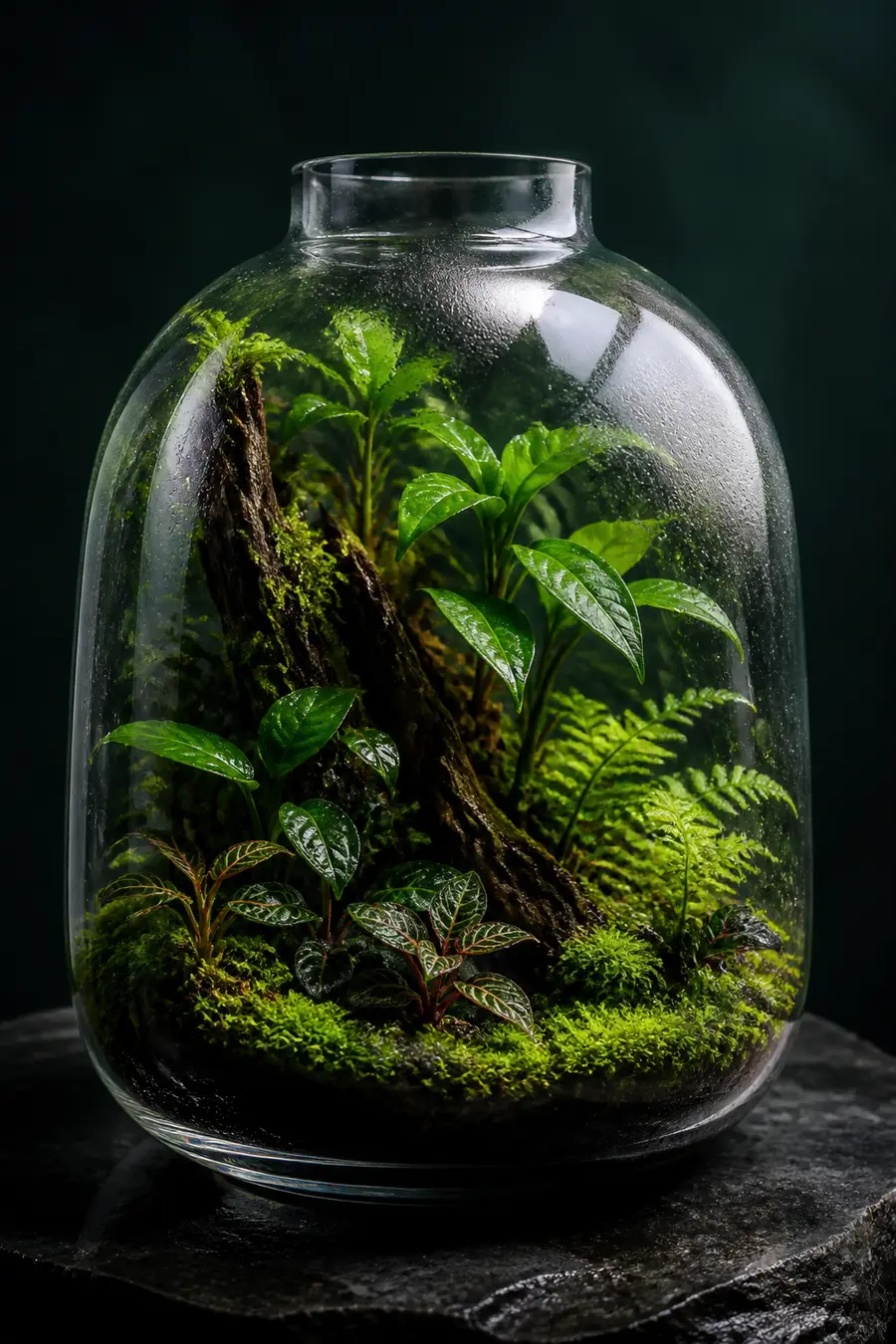 A glass terrarium filled with moss and tropical plants